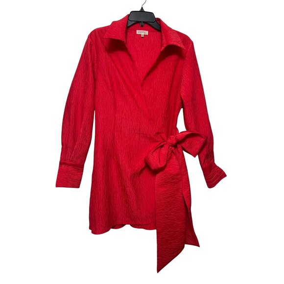 Ghospell Taffeta Wrap-Style Mini Dress With Tie Waist & Long Sleeves M+ - Picture 4 of 12